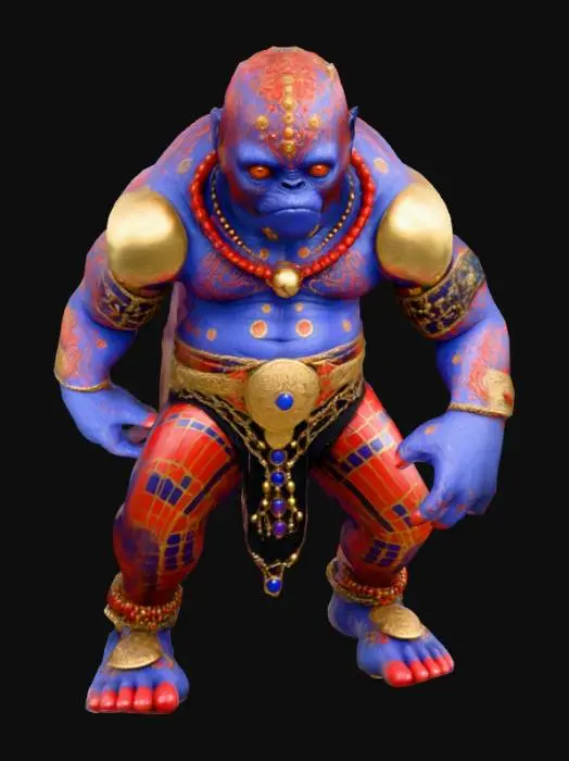 3D model for > "A large, red humanoid creature with intricate patterns of lighter blue spots on its skin. The creature is adorned with large, spherical beads in gold and red, forming necklaces and bracelets. It wears a black and gold patterned belt and dark blue, textured pants with an organic appearance. Its feet are in sandals with purple and gold accents. The creature has a single large eye in the center of its forehead and spiky hair or protrusions around its head. The design is detailed and fantastical