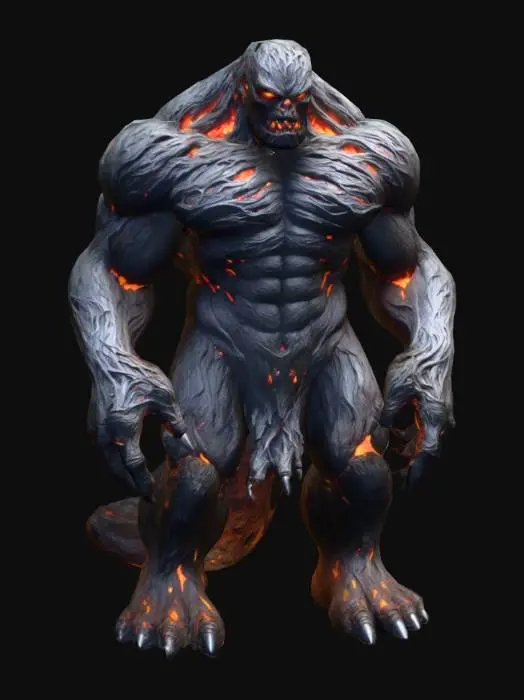 3D model for In the heart of the Darkness, a colossal figure emerges. Standing at 15 feet tall, this muscular monster has rough, stone-like skin with veins of molten lava. Each step shakes the ground, and its deep growl echoes through the trees. With ember-like eyes and claws sharp enough to cut steel, the Colossus is both a guardian and a terror of the forest.