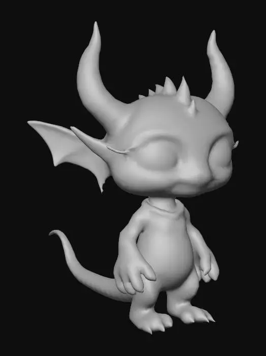 3D model for Ein super perfekt detalierter roter Alien mit grünen Augen.  Seine Haut sieht aus wie Fell. Seine Ohren sehen wie Fledermausflügel aus. Die haben einen grünen Rand.  Er trägt eine goldene Perlenkette. Sein Schwanz hat einen Puschel. Am Kopf trägt er gebogene Hörner.