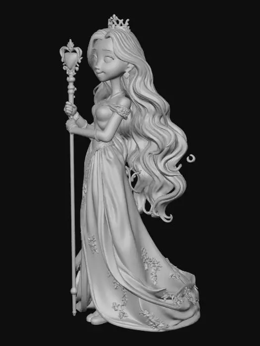 3D model for Photorealistisch.Eine wunderschöne elegante rothaarige lächelnde Prinzessin auf einem Podest. Sie trägt Kopf- und Ohrenschmuck aus Gold mit strass .  Sie trägt ein durchsichtiges hellblaues Seidenkleid mit viel Stickereien aus Gold. Ihre Goldkette trägt ein Silberherz. In der Hand hält sie einen langen goldenen Zepter.