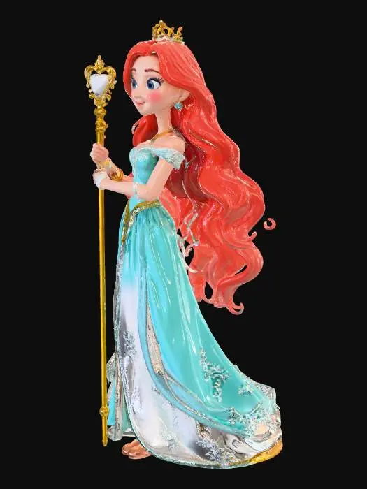 3D model for Photorealistisch.Eine wunderschöne elegante rothaarige lächelnde Prinzessin auf einem Podest. Sie trägt Kopf- und Ohrenschmuck aus Gold mit strass .  Sie trägt ein durchsichtiges hellblaues Seidenkleid mit viel Stickereien aus Gold. Ihre Goldkette trägt ein Silberherz. In der Hand hält sie einen langen goldenen Zepter.