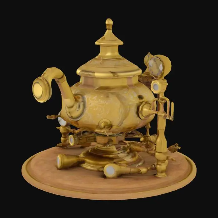 3D model for самовар в стиле стимпанк, латунный блестящий, окутан трубками и приборами
