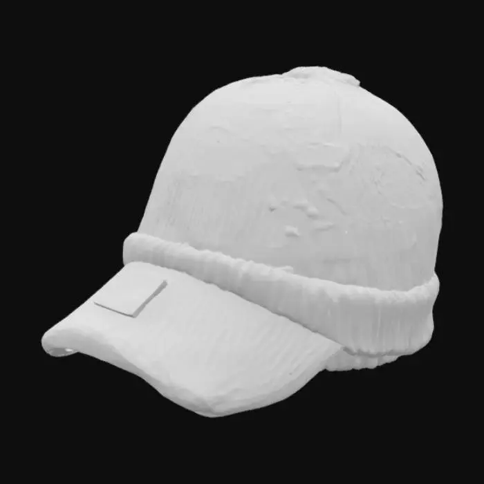 3D model for Create a highly realistic 3D model of a knitted beanie hat with a military-style camouflage pattern. The beanie should have a soft, folded brim with visible woven fabric detail and a leather patch logo embossed on the front. The camouflage texture is a blend of green, brown, beige, and dark red, with subtle distressed and worn effects. Fabric fibers and weave pattern should be clearly visible in 8K UHD PBR base texture. The shape is slightly loose and natural, as if resting on a head. Use realistic fabric roughness, normal and displacement maps. Optimized UVs, clean topology, suitable for AAA games or cinematic renders. Output formats: FBX, OBJ, GLB, STL.