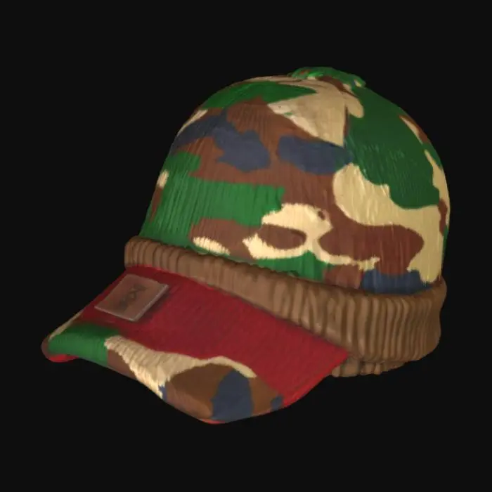 3D model for Create a highly realistic 3D model of a knitted beanie hat with a military-style camouflage pattern. The beanie should have a soft, folded brim with visible woven fabric detail and a leather patch logo embossed on the front. The camouflage texture is a blend of green, brown, beige, and dark red, with subtle distressed and worn effects. Fabric fibers and weave pattern should be clearly visible in 8K UHD PBR base texture. The shape is slightly loose and natural, as if resting on a head. Use realistic fabric roughness, normal and displacement maps. Optimized UVs, clean topology, suitable for AAA games or cinematic renders. Output formats: FBX, OBJ, GLB, STL.