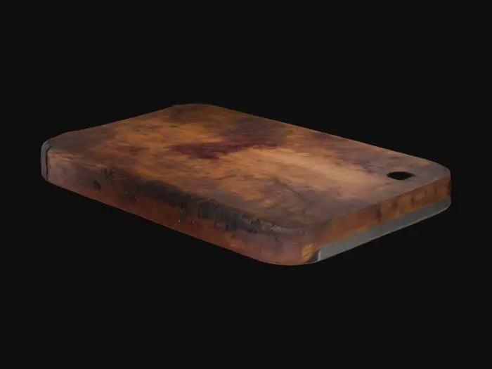 3D model for A worn wooden cutting board with deep knife grooves running in every direction. The surface is darkened by old stains, some appearing like dried blood. Small bits of rotting food are wedged into the cuts. The edges are chipped, and faint, jagged scratch marks cover the underside.