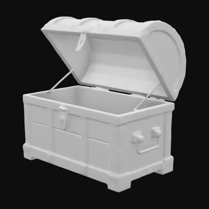 3D model for A large, wooden chest with rusted metal hinges. The lid is slightly open, revealing shredded fabric lining the interior. The wood is cracked and rotting, with small holes where insects have burrowed inside. The metal latch is broken, twisted as if it was forced open in a hurry.