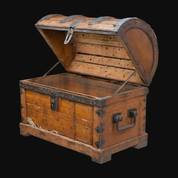3D model for A large, wooden chest with rusted metal hinges. The lid is slightly open, revealing shredded fabric lining the interior. The wood is cracked and rotting, with small holes where insects have burrowed inside. The metal latch is broken, twisted as if it was forced open in a hurry.