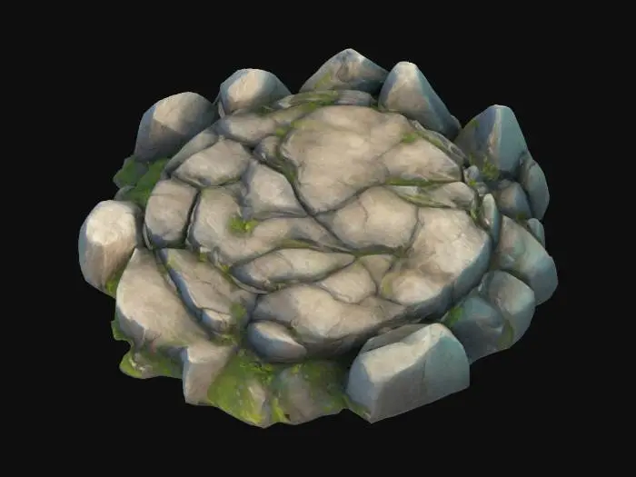 3D model for A simple, Stylized, 3D model of a chibi-style rocky field. Details: Jagged, uneven surfaces with layered rock textures. Subtle cracks and variations in color for depth. Irregular edges to emphasize a natural appearance. The overall style is reminiscent of a fantasy or action-adventure game, similar to The Legend of Zelda. Stylized, Fantasy, Game Assets, Legend of Zelda, World of Warcraft, League of Legends, Clash of Clans, Pixar Style