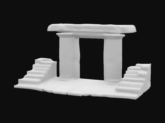3D model for The entrance to an ancient desert tomb, with stone sides and a paved stone floor in front leading to steps down in to the dark opening of the doorway, the door opening is rectangular with a horizontal lintel stone, the whole entrance is worn, chipped and cracked with age, loose bits of stone and dust surround the doorway, in a spooky ancient style