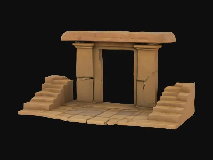 3D model for The entrance to an ancient desert tomb, with stone sides and a paved stone floor in front leading to steps down in to the dark opening of the doorway, the door opening is rectangular with a horizontal lintel stone, the whole entrance is worn, chipped and cracked with age, loose bits of stone and dust surround the doorway, in a spooky ancient style