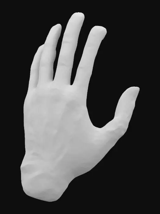 3D model for A human right hand with four fingers and a thumb in a relaxed open pose. The skin is old wrinkled and has a green hue like a zombie. The details of the hand are gnarled and twisted. The finger nails of the hand are thick, old, yellowed and dirty.