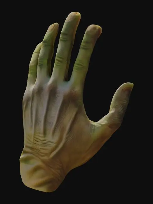 3D model for A human right hand with four fingers and a thumb in a relaxed open pose. The skin is old wrinkled and has a green hue like a zombie. The details of the hand are gnarled and twisted. The finger nails of the hand are thick, old, yellowed and dirty.