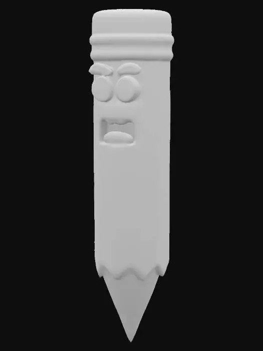 3D model for A stubby yellow No.2 pencil with a little angry face. The pencil stands on its sharp point. The top end has a pink rubber eraser with a metal band around it. In a vintage 1930s cartoon style.