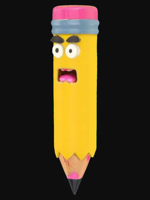 3D model for A stubby yellow No.2 pencil with a little angry face. The pencil stands on its sharp point. The top end has a pink rubber eraser with a metal band around it. In a vintage 1930s cartoon style.