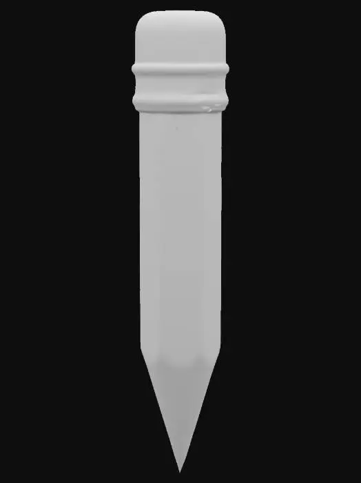 3D model for A stubby yellow No.2 pencil with a little angry face. The pencil stands on its sharp point. The top end has a pink rubber eraser with a metal band around it.