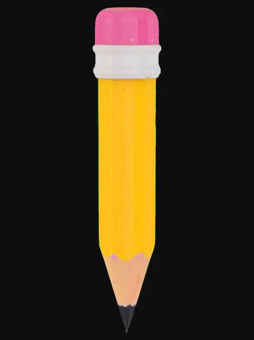 3D model for A stubby yellow No.2 pencil with a little angry face. The pencil stands on its sharp point. The top end has a pink rubber eraser with a metal band around it.