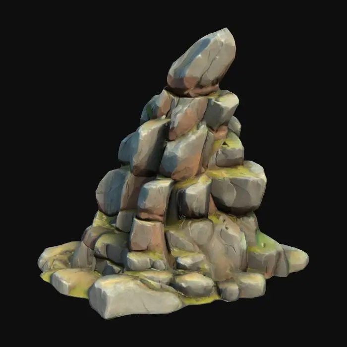 3D model for A simple, Stylized, 3D model of a chibi-style rocky cliff. Details: Jagged, uneven surfaces with layered rock textures. Subtle cracks and variations in color for depth. Irregular edges to emphasize a natural appearance. The overall style is reminiscent of a fantasy or action-adventure game, similar to The Legend of Zelda. Stylized, Fantasy, Game Assets, Legend of Zelda, World of Warcraft, League of Legends, Clash of Clans, Pixar Style