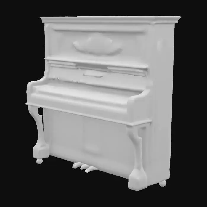 3D model for A small vintage upright piano that made from old varnished wood. The piano looks old and worn at the edges. The piano looks shabby but well cared for.