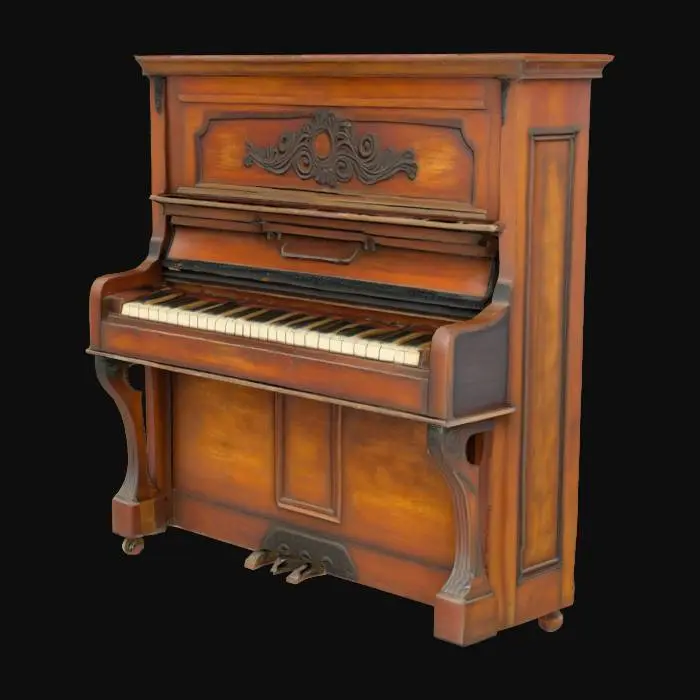 3D model for A small vintage upright piano that made from old varnished wood. The piano looks old and worn at the edges. The piano looks shabby but well cared for.