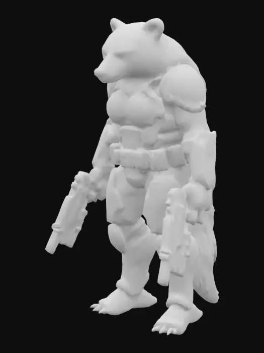 3D model for sci-fi, human like badger wearing battle outfit with guns in both hands, highly detailed,