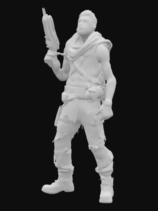 3D model for sci-fi, desolate raider wearing tattered cloths holding damaged gun, looking up, highly detailed,
