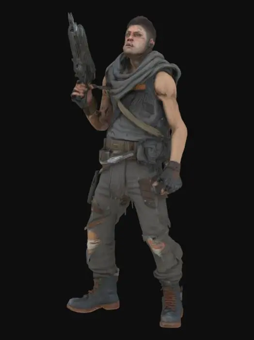 3D model for sci-fi, desolate raider wearing tattered cloths holding damaged gun, looking up, highly detailed,