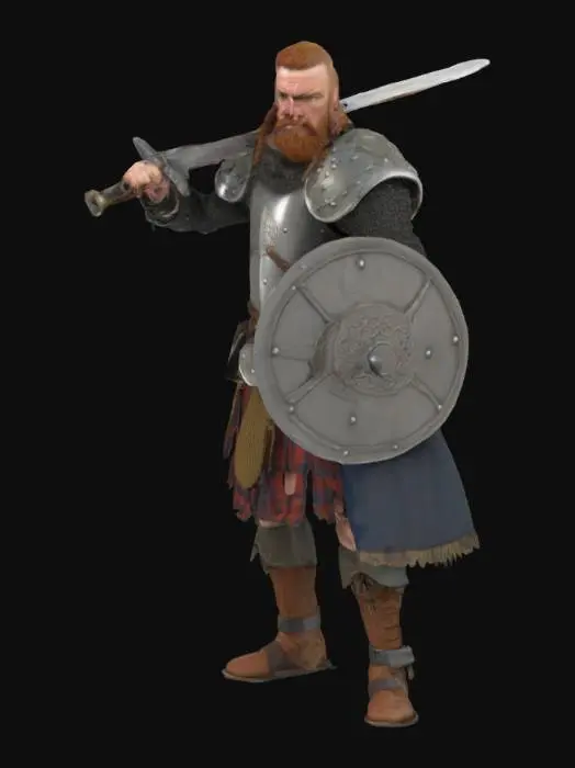 3D model for medieval, scottish  warrior in battle gear, highly detailed