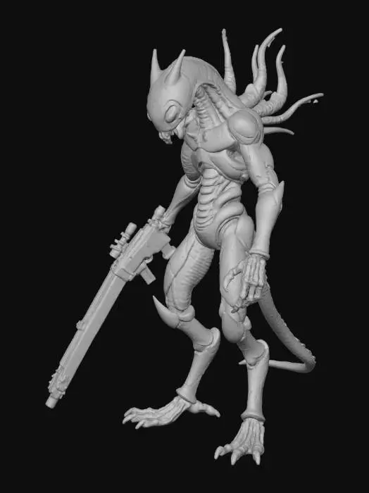 3D model for A lean, agile monster with an insectoid build, encased in hard, segmented scales displaying a subtle metallic crimson and black sheen. Multi-jointed limbs support its frame, and mandibles twitch on its face. It maintains a low, alert posture, its multi-faceted eyes fixed forward. A sturdy, dark shotgun is held steadily in its grip, pointed slightly downwards but poised for instant use.