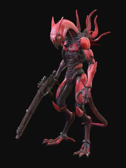 3D model for A lean, agile monster with an insectoid build, encased in hard, segmented scales displaying a subtle metallic crimson and black sheen. Multi-jointed limbs support its frame, and mandibles twitch on its face. It maintains a low, alert posture, its multi-faceted eyes fixed forward. A sturdy, dark shotgun is held steadily in its grip, pointed slightly downwards but poised for instant use.