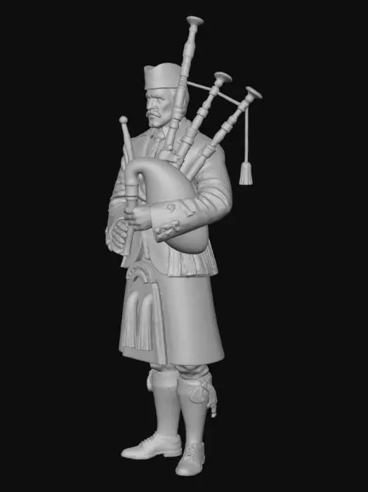 3D model for A Scottish bagpiper stands tall, adorned in a vibrant tartan kilt, waistcoat, and jacket, with polished silver sporran details. His fingers are positioned precisely on the chanter, the instrument's drones rising over his shoulder, crafted from dark, smooth wood with ivory or silver mounts. His face shows concentrated effort, cheeks slightly puffed, eyes focused, as he squeezes the leather bag firmly under his arm.