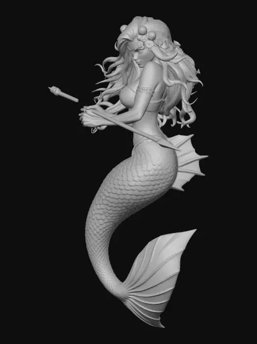 3D model for highly detailed mermaid holding a spear gun at the ready