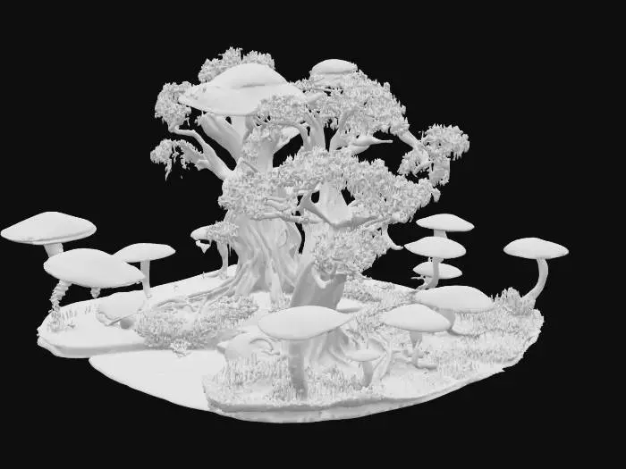 3D model for draw an elvish style garden  like glowing mushrooms and living in trees. without ground. , #garden#