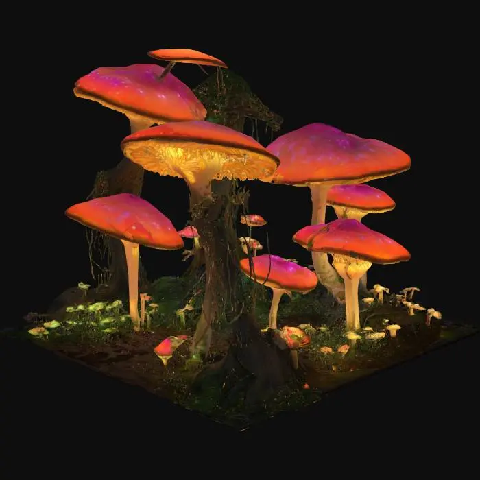 3D model for draw an elvish style garden  like glowing mushrooms and living in trees. without ground. 