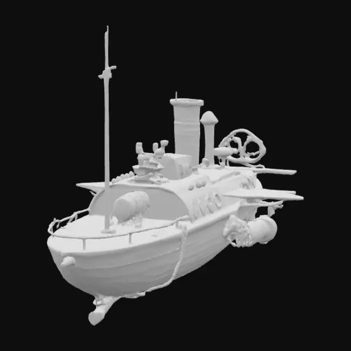 3D model for Стимпанк, минимум деталей, корабль в небе, маленькая палуба,  деревянный с металлическими и медными вставками, железные паровые двигатели, крылья и винты по бокам, множество винтовых двигателей.