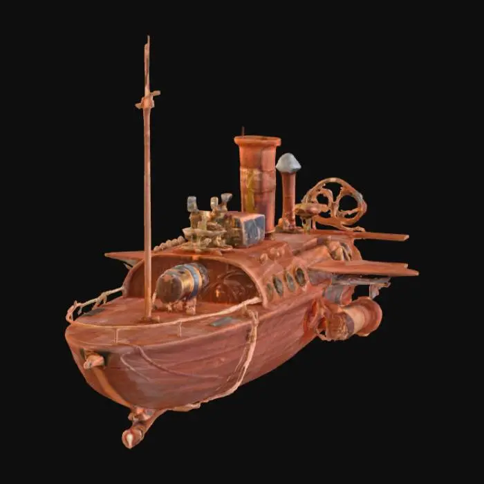 3D model for Стимпанк, минимум деталей, корабль в небе, маленькая палуба,  деревянный с металлическими и медными вставками, железные паровые двигатели, крылья и винты по бокам, множество винтовых двигателей.