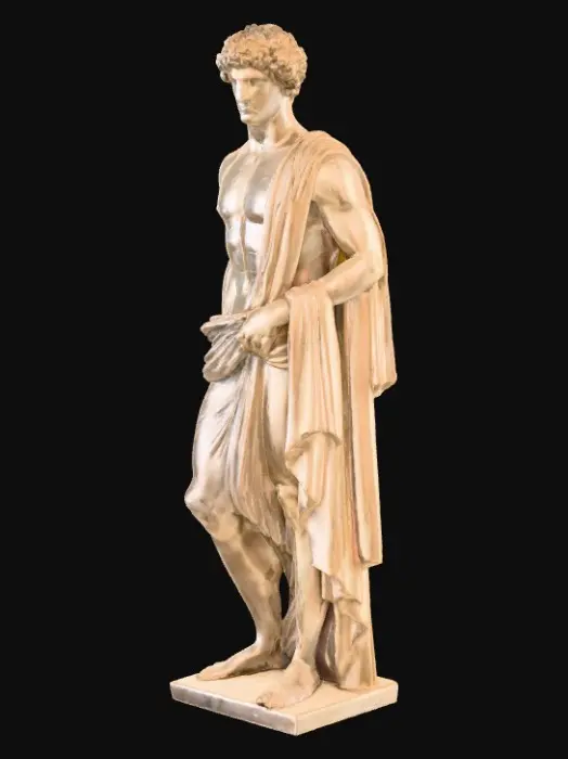 3D model for A classical Roman marble sculpture depicts Alexander the Great, portrayed with a heroic, youthful countenance and an intense gaze. The stone, a pristine white with subtle grey veining, is meticulously carved, showcasing smooth, flowing drapery over one shoulder and intricately detailed, unruly curls characteristic of Alexander's iconic hairstyle. His muscular physique is subtly defined, suggesting strength, while the cool, hard texture of the polished marble emphasizes the timeless dignity of the figure, likely a full-body or bust representation.