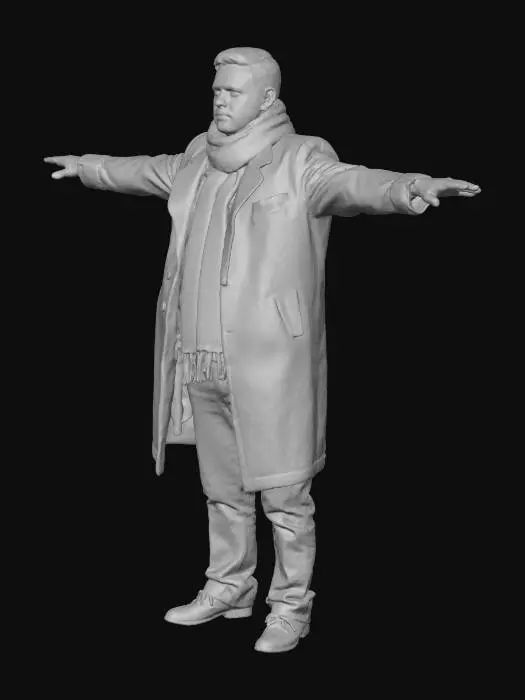 3D model for Adult blonde man with short hair, wearing a winter coat, scarf, and jeans, full body