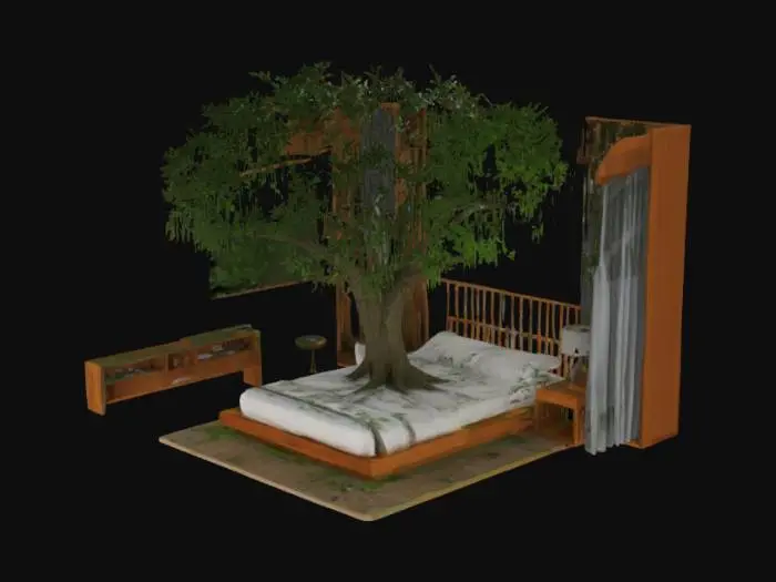 3D model for Can you create a hotel room that has a tree growing in it? Sort of like a treehouse/ nature hotel room.
Keep it realistic, and physically accurate