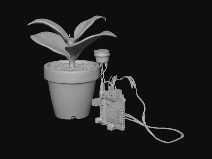 3D model for Create a 3D model of a Smart Irrigation System prototype for a school project. Show a small plant pot with soil, a moisture sensor inserted, and a plastic tube from a mini water pump placed inside a water container. The pump and sensor connect to an Arduino UNO board via colorful jumper wires and a relay module. Power the Arduino using a power bank through USB. Mount everything neatly on a cardboard base with clear labels: “Arduino”, “Relay”, “Sensor”, “Pump”. Add LED lights on the Arduino, water flowing to the plant, and a bright eco-friendly background showing it in action.