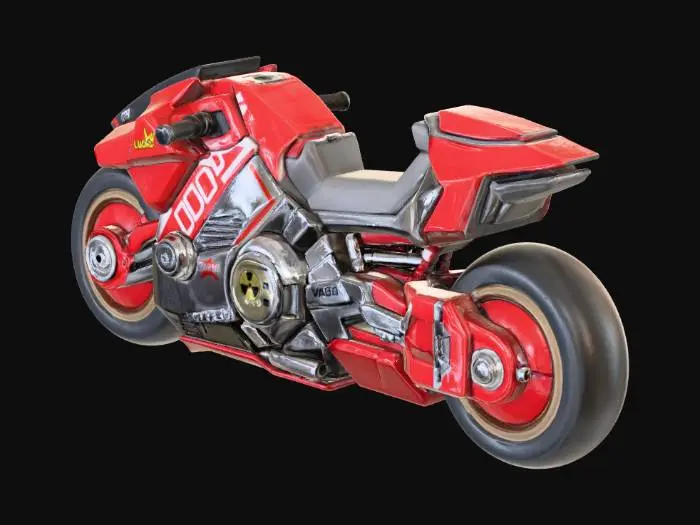 3D model for This motorcycle with no background or base in full color, make sure the art makes it look like it should be printed as a D&D mini figurine. The proportions should be so there are not parts that are too small or thin to print at mini scale, The image will be turned into a 3d model that will be printed at miniature scale. No base, full color, no background