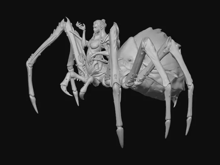 3D model for Lolth, The Spider Queen. A drow elf woman with eight arms, her torso seamlessly merging into the massive body of a monstrous spider that dwarfs her tiny elf upper body. Spider mandibles act as legs near her torso, leading into a full, ABSOLUTELY MASSIVE spider body with long, segmented legs and a threatening stance. Her elf upper body is beautiful, curvy, seductive, and alluring, yet simultaneously menacing and terrifying. She wears white silk spider-themed armor similar to reference image, glimmering and form-fitting. Use composite of reference images. Emphasize horror and seduction equally glowing red or violet eyes, sharp fangs, tense, predatory pose. Design it for a D&D miniature, full color, no base, highly detailed, exaggerated spider scale so the lower spider body is imposing