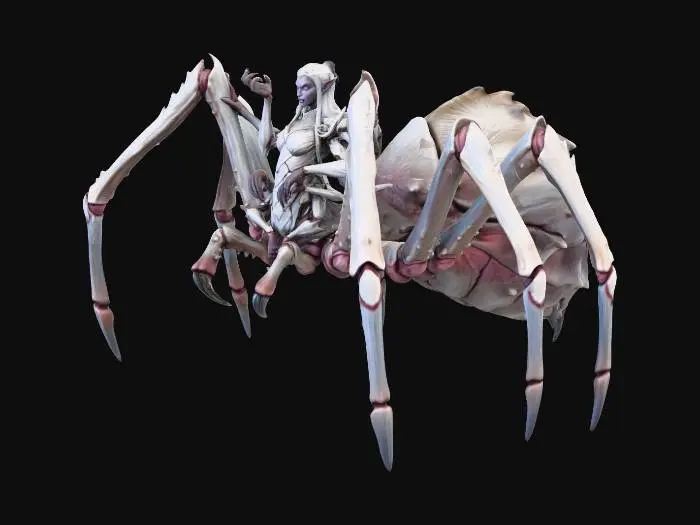 3D model for Lolth, The Spider Queen. A drow elf woman with eight arms, her torso seamlessly merging into the massive body of a monstrous spider that dwarfs her tiny elf upper body. Spider mandibles act as legs near her torso, leading into a full, ABSOLUTELY MASSIVE spider body with long, segmented legs and a threatening stance. Her elf upper body is beautiful, curvy, seductive, and alluring, yet simultaneously menacing and terrifying. She wears white silk spider-themed armor similar to reference image, glimmering and form-fitting. Use composite of reference images. Emphasize horror and seduction equally glowing red or violet eyes, sharp fangs, tense, predatory pose. Design it for a D&D miniature, full color, no base, highly detailed, exaggerated spider scale so the lower spider body is imposing