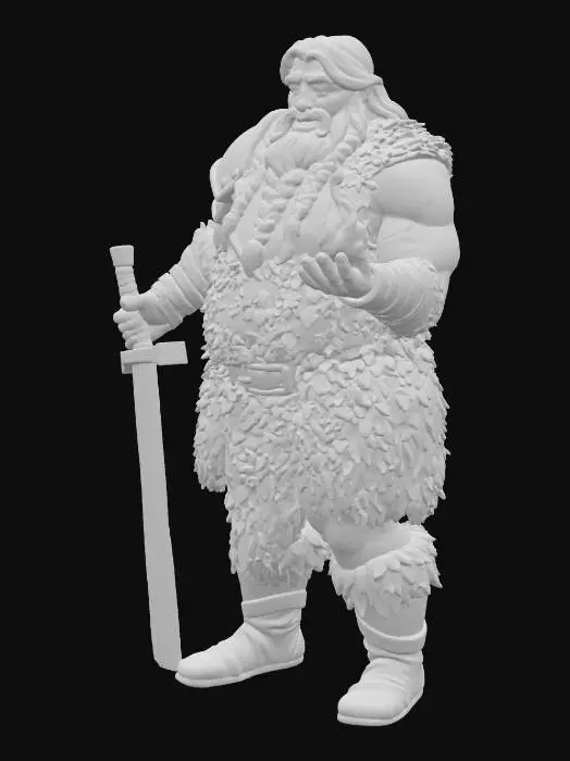 3D model for a very tall vary large fairly young man. he has both muscle and girth. with long thick brown hair and beard with braids in it. cheerful face with sad eyes. leather sleeveless tunic where only the tunic is almost completely covered in living ivy  leaves. He has a leather shoulder pauldron on his left shoulder and a leather bracer on his left arm but no pauldron or bracer on his right side. a fur kilt, no pants, but knee high hide boots. in his left hand is a large long rusted and pitted ceremonial executioners great sword that is missing its pommel that just the tip is sticking into the ground. in his right hand is a small orange flame. it should be in style with dungeons and dragons style artwork like in the players handbook. d&d character art. full body, no background.