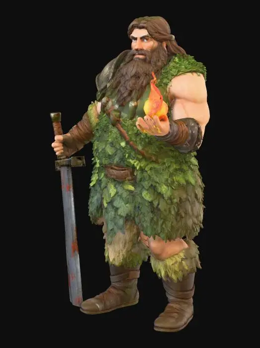 3D model for a very tall vary large fairly young man. he has both muscle and girth. with long thick brown hair and beard with braids in it. cheerful face with sad eyes. leather sleeveless tunic where only the tunic is almost completely covered in living ivy  leaves. He has a leather shoulder pauldron on his left shoulder and a leather bracer on his left arm but no pauldron or bracer on his right side. a fur kilt, no pants, but knee high hide boots. in his left hand is a large long rusted and pitted ceremonial executioners great sword that is missing its pommel that just the tip is sticking into the ground. in his right hand is a small orange flame. it should be in style with dungeons and dragons style artwork like in the players handbook. d&d character art. full body, no background.