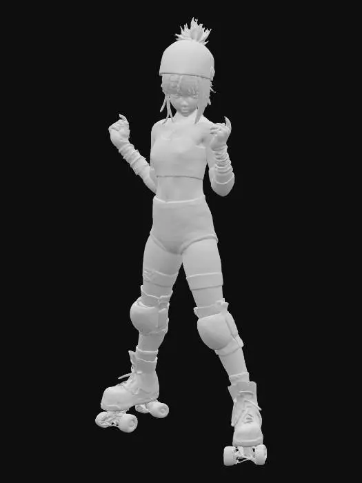 3D model for street fighter style urban teenage roller derby girl. wearing roller skates, helmet with short messy hair sticking out, elbow pads, knee pads. tough, badass vibe with clenched fists. stylized proportions with slightly exaggerated head and hands (not too big). looks like a fighting videogame character. simple A-pose or T-pose.