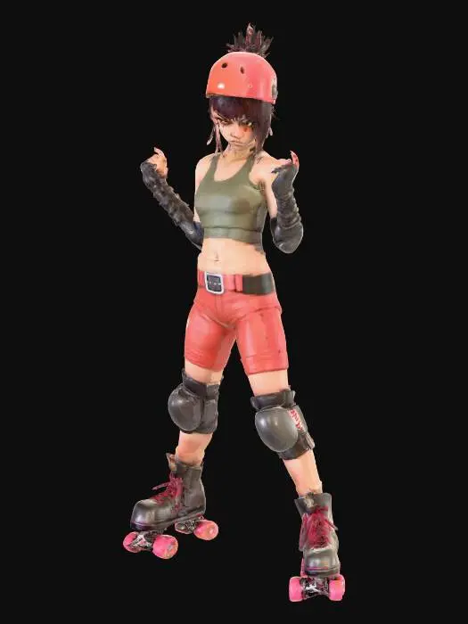 3D model for street fighter style urban teenage roller derby girl. wearing roller skates, helmet with short messy hair sticking out, elbow pads, knee pads. tough, badass vibe with clenched fists. stylized proportions with slightly exaggerated head and hands (not too big). looks like a fighting videogame character. simple A-pose or T-pose.