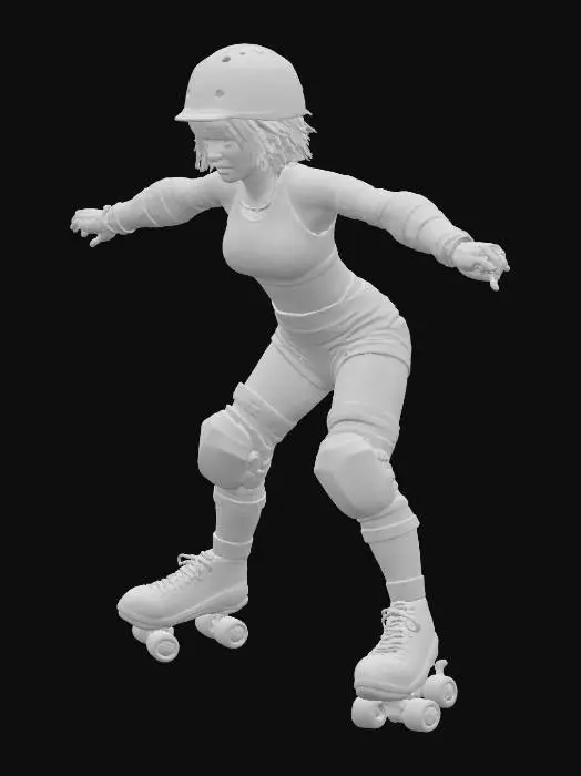 3D model for street fighter style urban teenage roller derby girl. wearing roller skates, helmet with short messy hair sticking out, elbow pads, knee pads. tough, badass vibe with clenched fists. stylized proportions with slightly exaggerated head and hands (not too big). looks like a fighting videogame character. simple A-pose or T-pose.