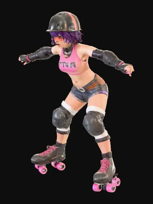 3D model for street fighter style urban teenage roller derby girl. wearing roller skates, helmet with short messy hair sticking out, elbow pads, knee pads. tough, badass vibe with clenched fists. stylized proportions with slightly exaggerated head and hands (not too big). looks like a fighting videogame character. simple A-pose or T-pose.
