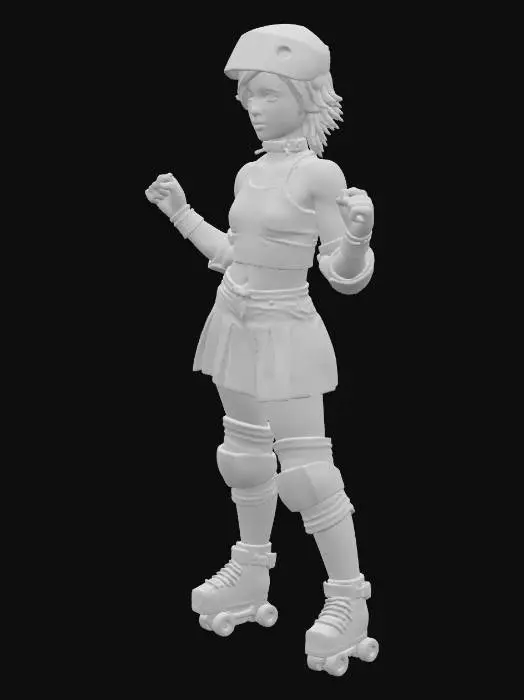 3D model for street fighter style urban teenage tough spunky roller derby girl. wearing roller skates, helmet with short messy hair sticking out, elbow pads, knee pads. tough, badass vibe with clenched fists. stylized proportions with slightly exaggerated head and hands in a fist. looks like a fighting videogame character. simple A-pose or T-pose standing straight up.