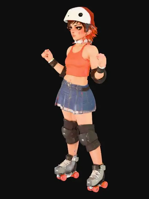 3D model for street fighter style urban teenage tough spunky roller derby girl. wearing roller skates, helmet with short messy hair sticking out, elbow pads, knee pads. tough, badass vibe with clenched fists. stylized proportions with slightly exaggerated head and hands in a fist. looks like a fighting videogame character. simple A-pose or T-pose standing straight up.